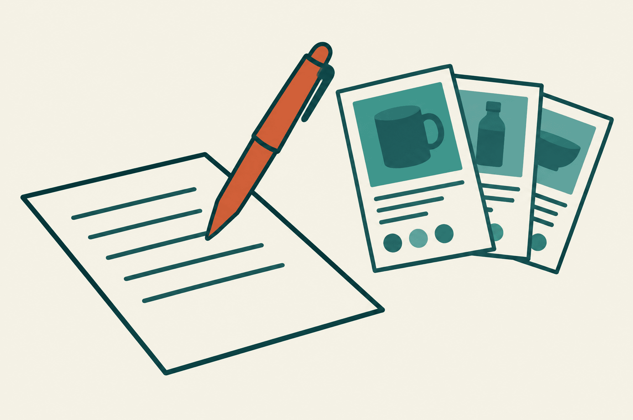 Illustration of a pen writing on a page next to a product catalog