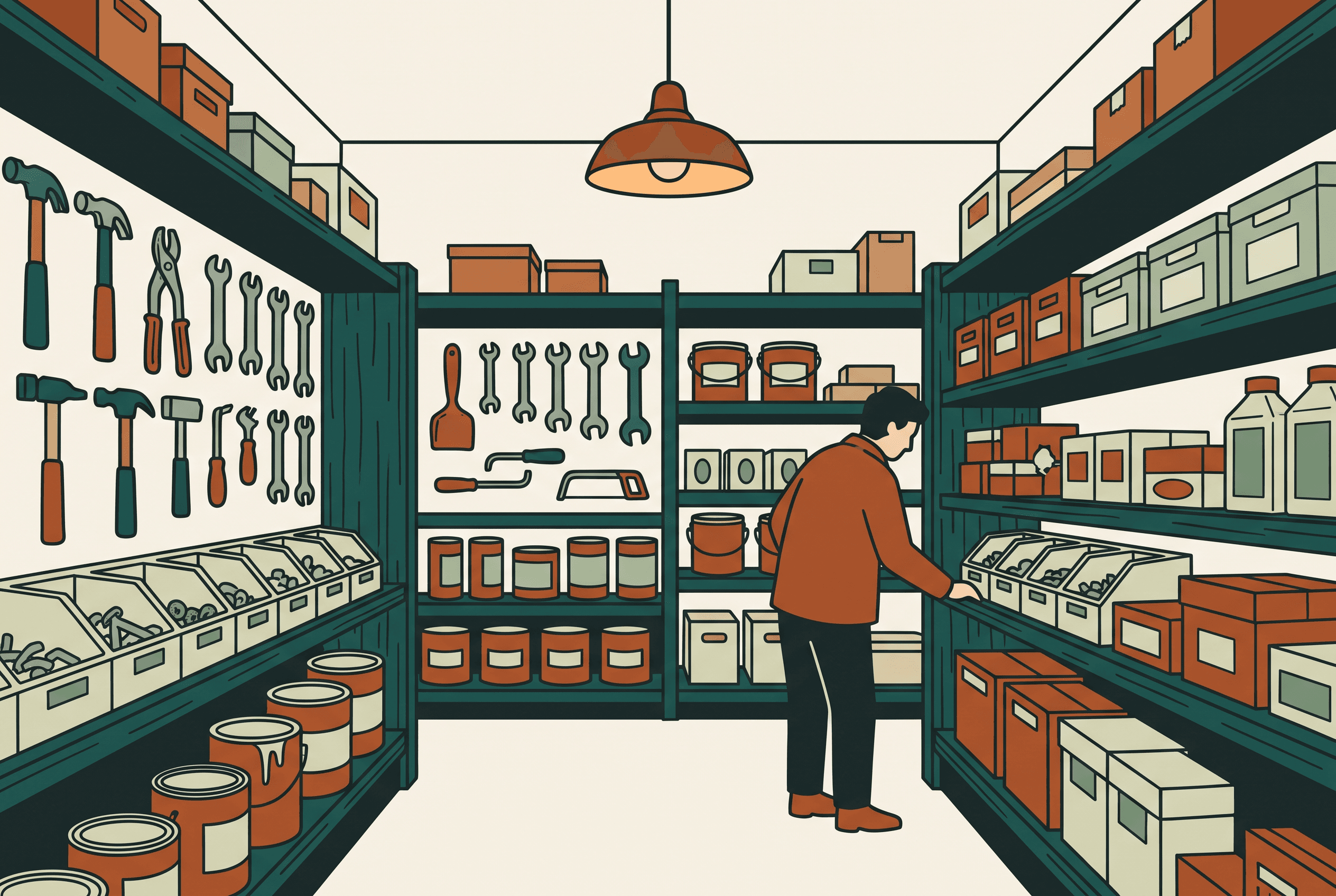 Illustration of a well-stocked New England hardware store aisle