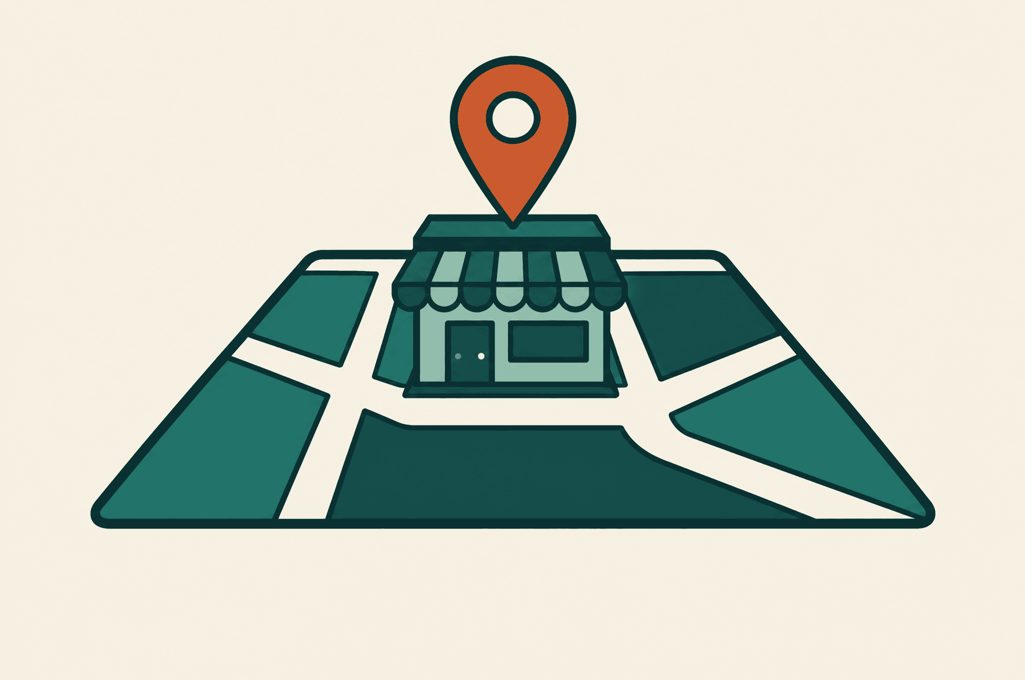Illustration of a map with a pin marking a local business storefront
