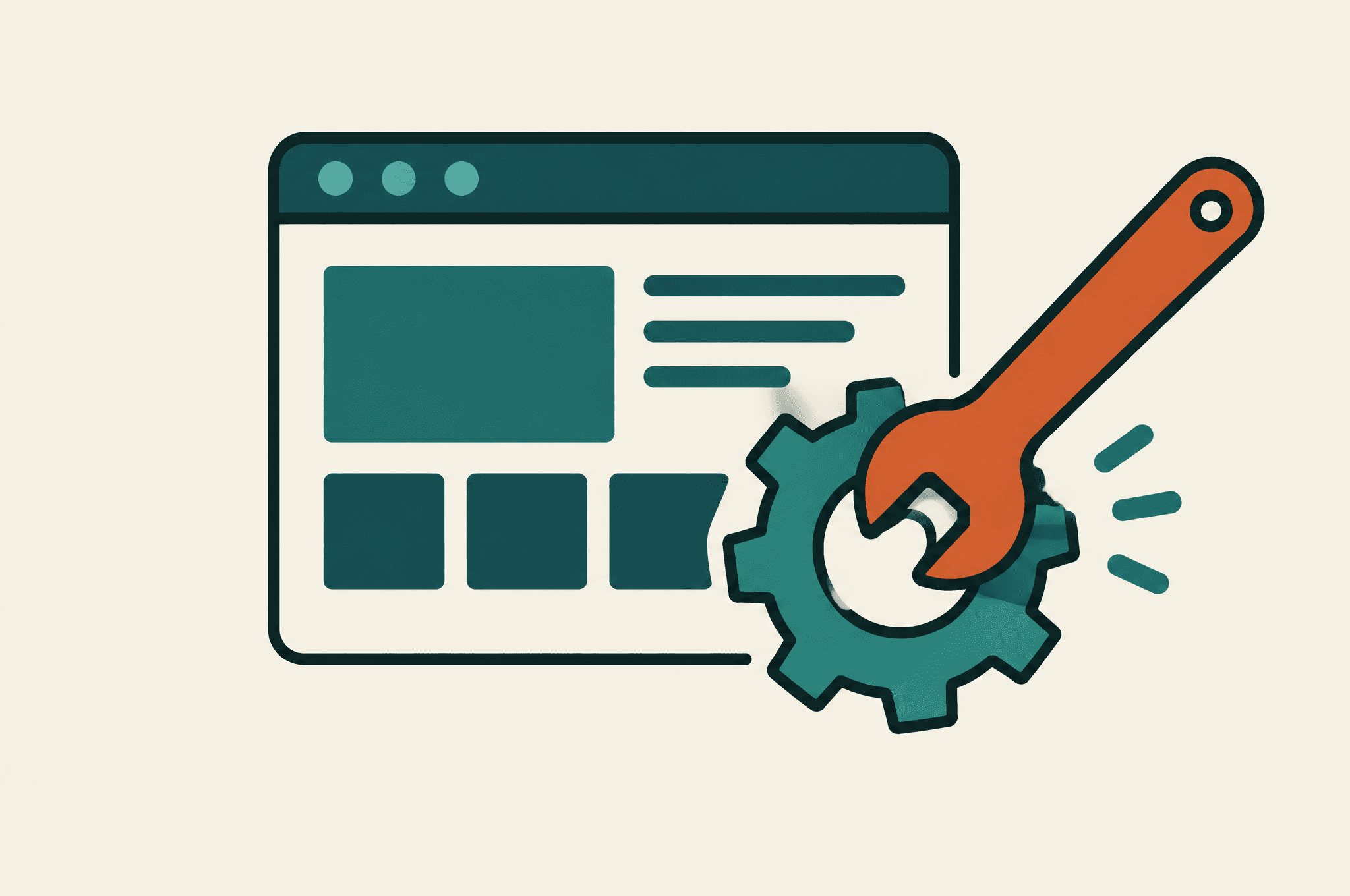 Illustration of a wrench and gear maintaining a website window