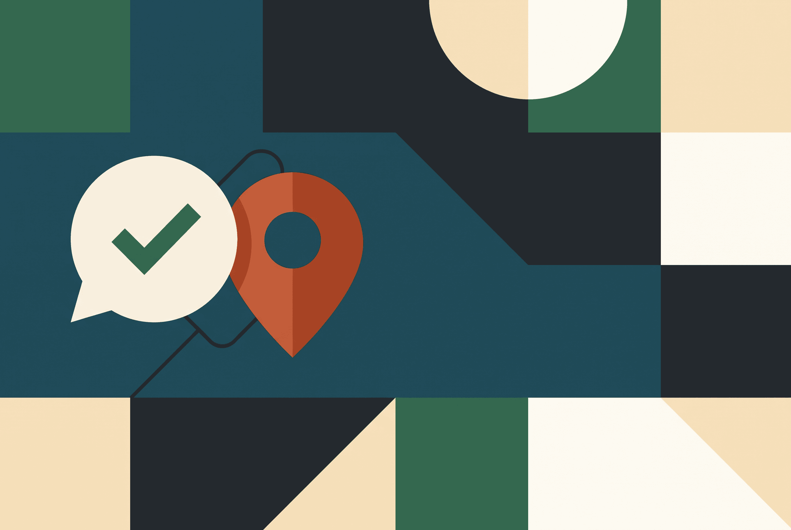 Illustration of a friendly chat assistant answering a question with a location pin nearby