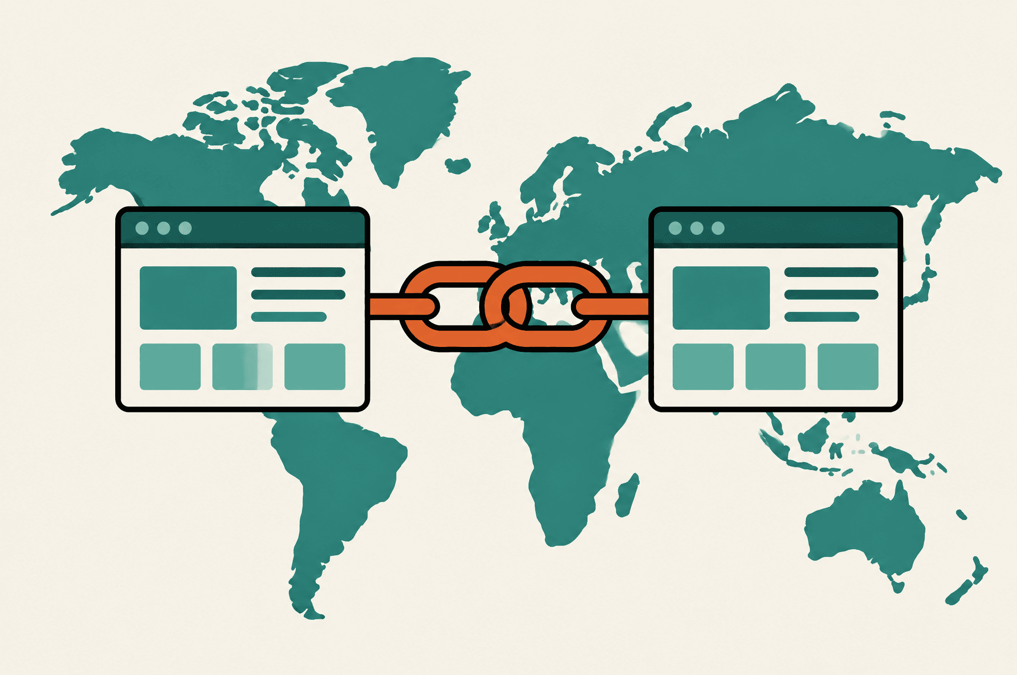 Illustration of a chain link connecting two website windows across a map
