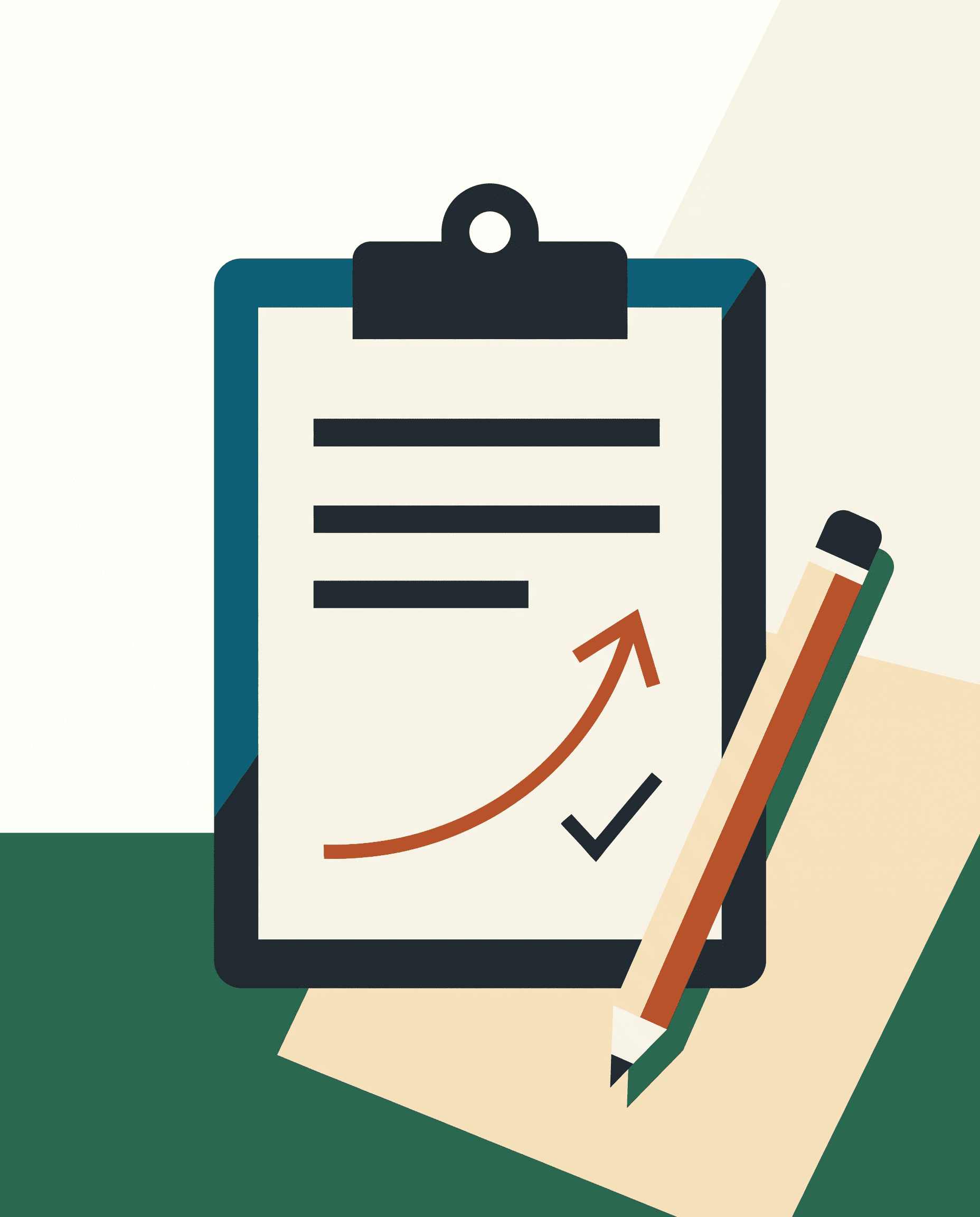 Illustration of a clipboard holding a plain-language report with an upward trend line