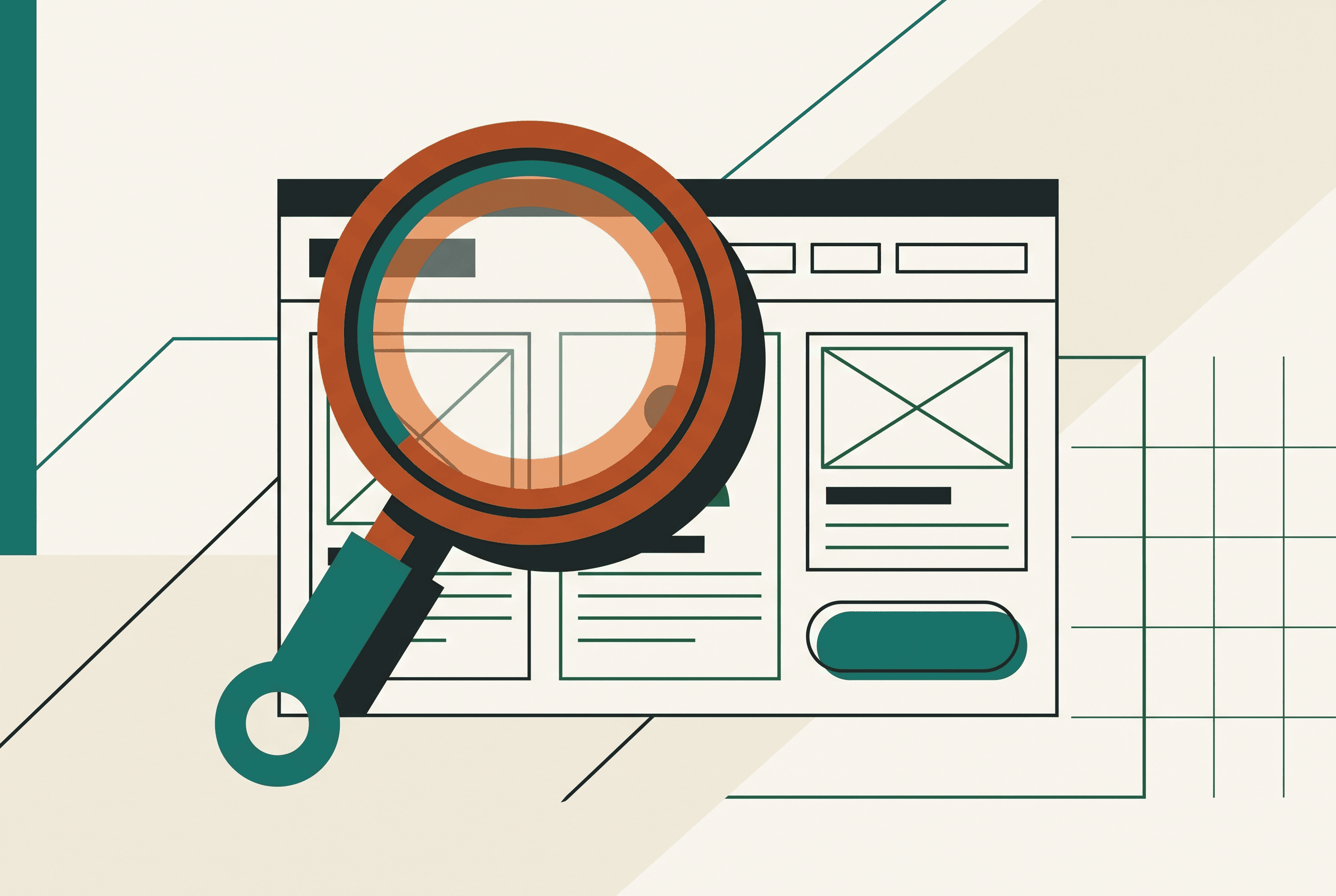 Illustration of a magnifying glass inspecting the structure of a website