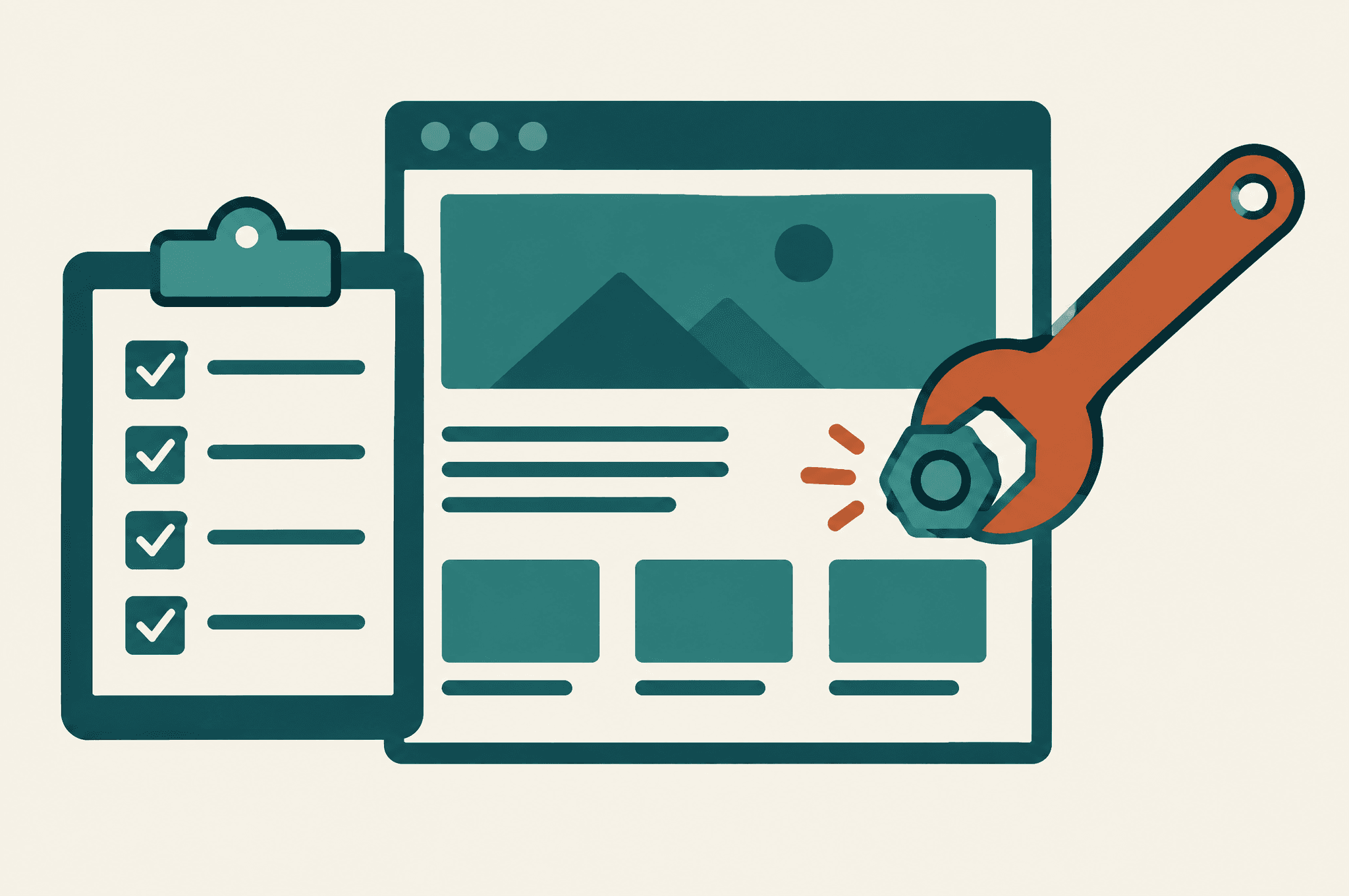 Illustration of a technical checklist and wrench fixing a website's structure
